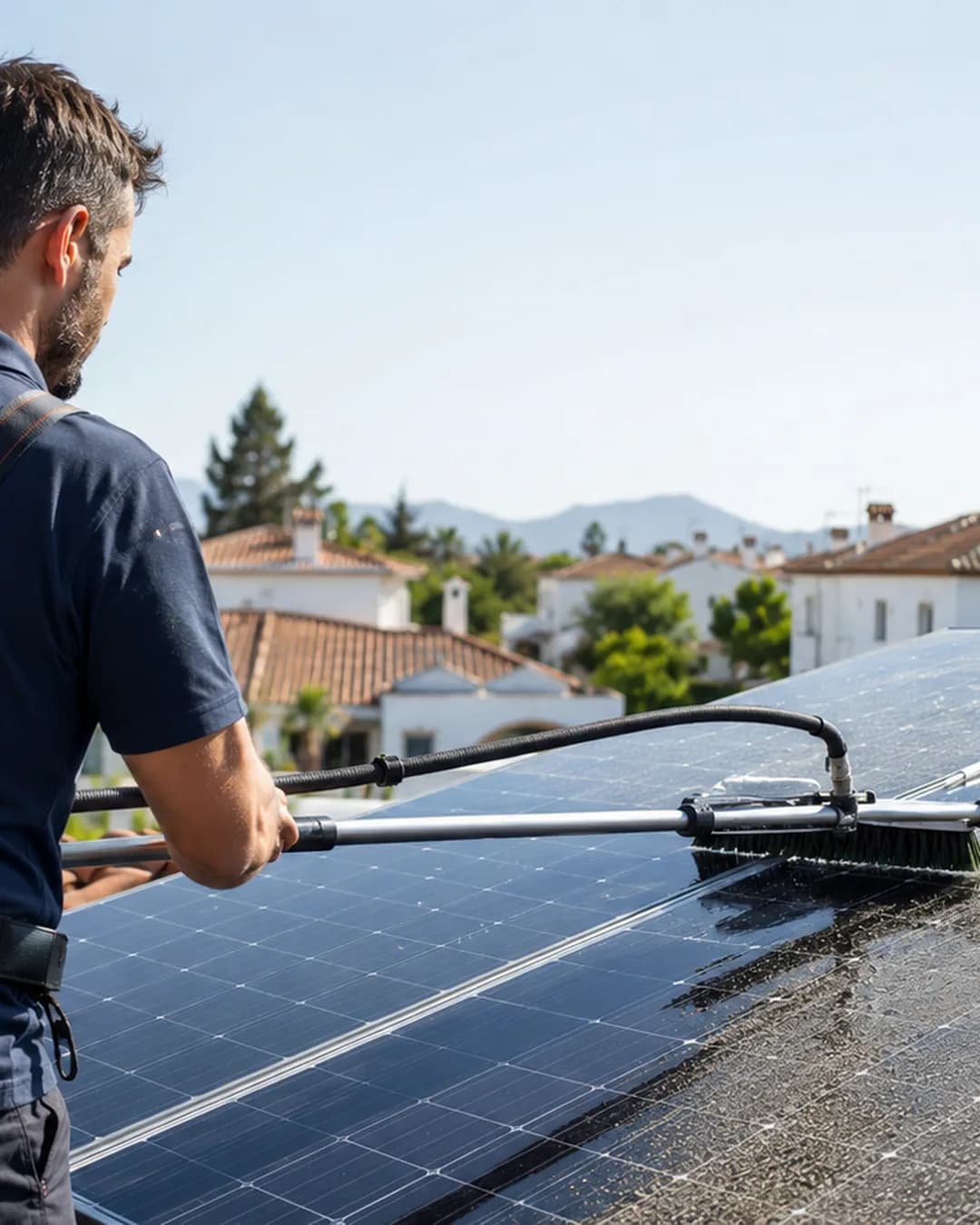 Técnico de Grupo Solarsur limpiando paneles solares con un cepillo profesional sobre una cubierta