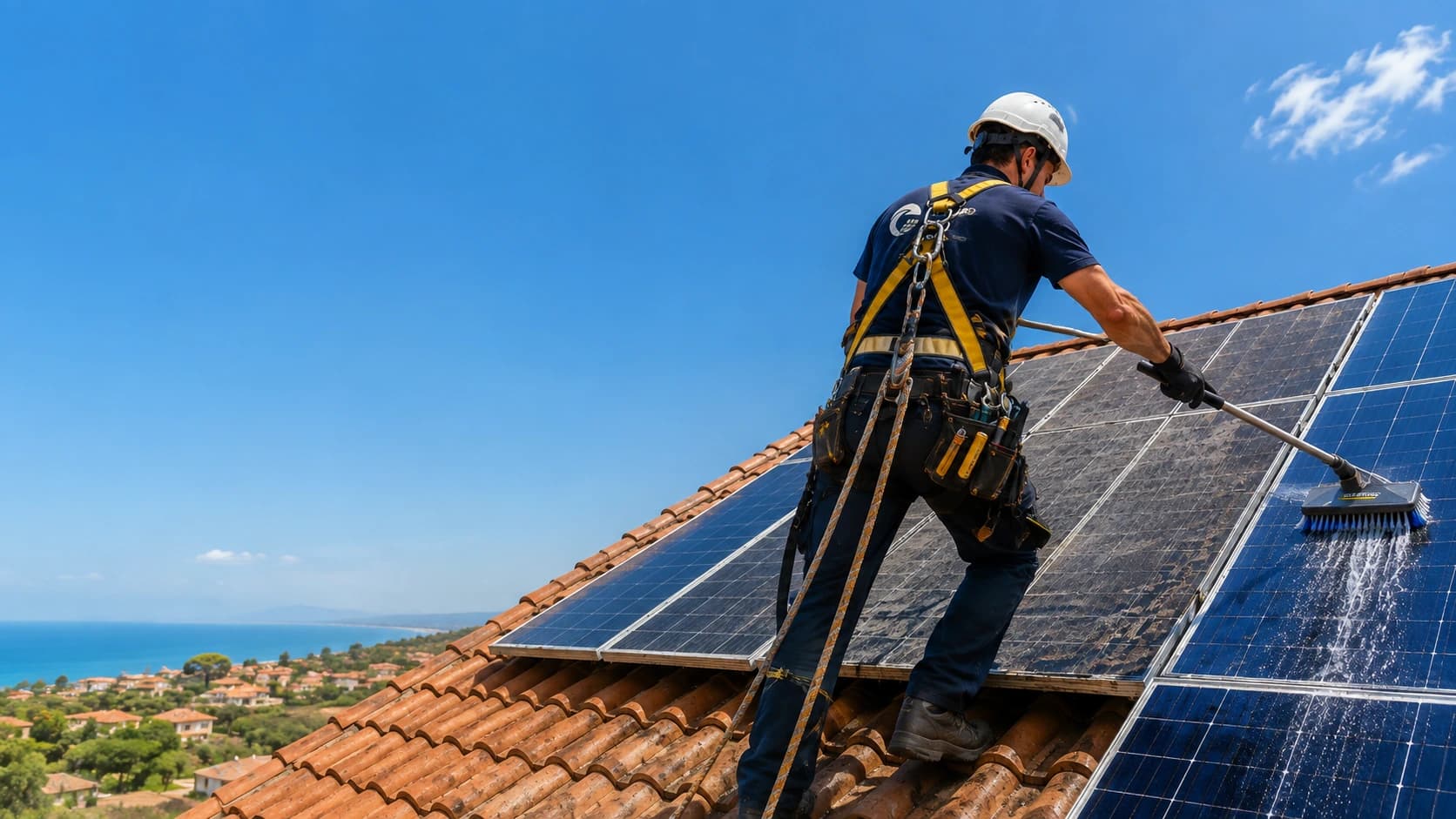 Técnico de Grupo Solarsur con arnés de seguridad limpiando paneles solares en una cubierta junto al mar