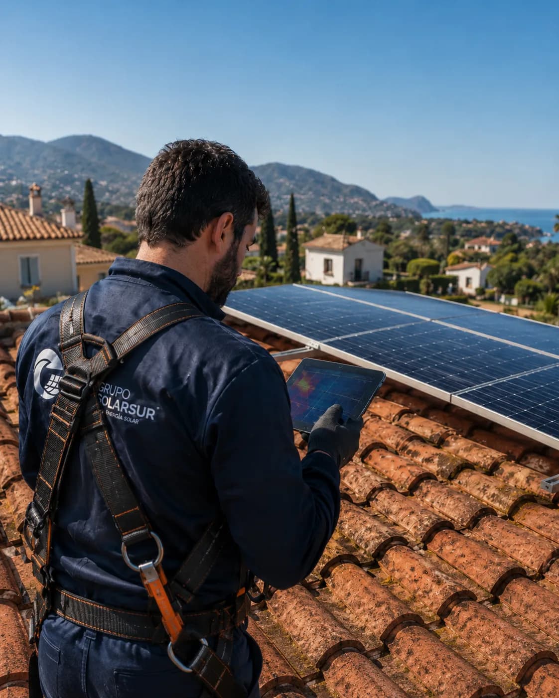 Técnico de Grupo Solarsur inspeccionando paneles solares con una cámara termográfica sobre una cubierta