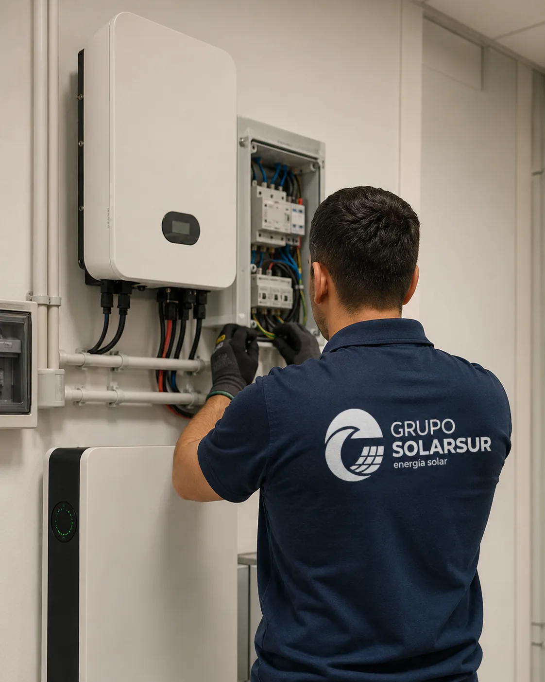 Técnico de Grupo Solarsur revisando el inversor, las protecciones y el cableado de una instalación solar